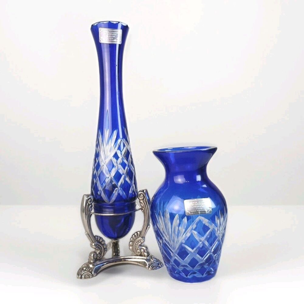 Set of 2 Godinger Crystal Legends Cobalt Cut Clear Bud Vases Silver Plated Base